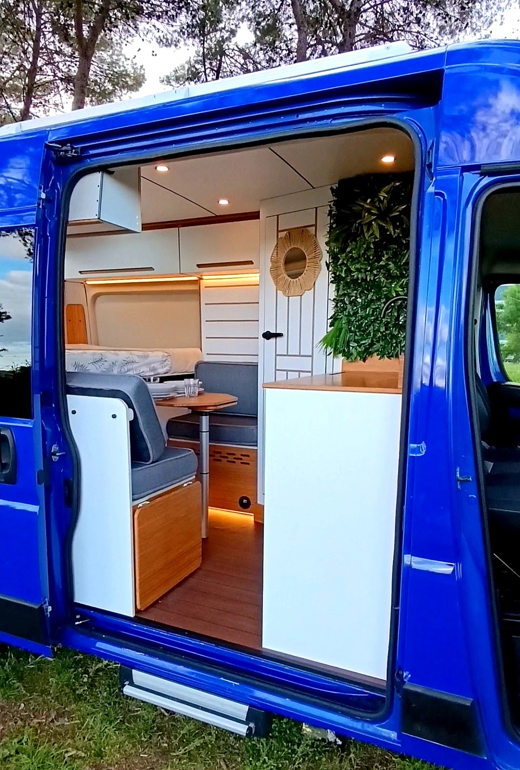 Interior de Blue Camper visto desde la puerta lateral